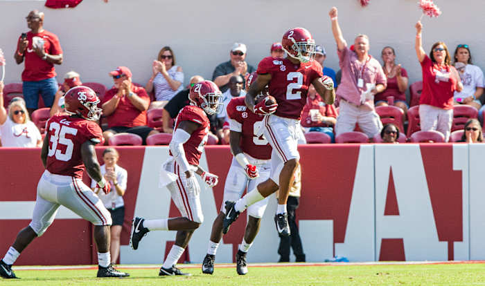 Patrick Surtain II celebrates an interception against New Mexico State